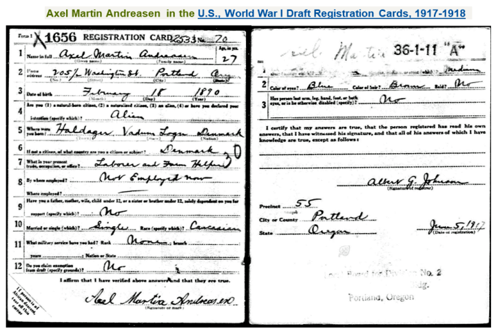 Axel Martin Andreasen WW1 draft card